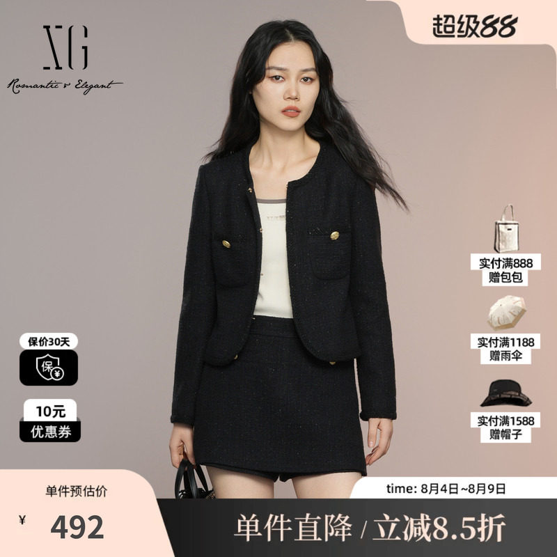 XG雪歌XK307026A390小香风长袖短外套2025秋季新款黑色短款外套女