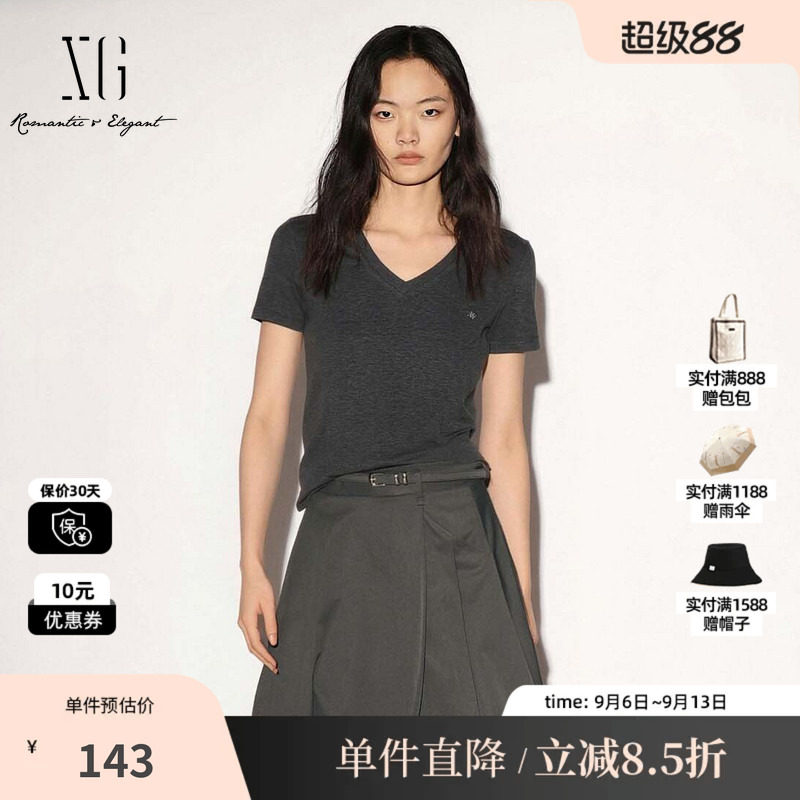 XG/雪歌 XM201857A884灰色莱赛尔薄款V领短袖T恤修身软糯上衣女装
