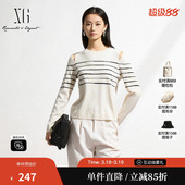 雪歌XK111018B199 套头毛衫 黑白露肩设计条纹针织衫 修身 女 长袖