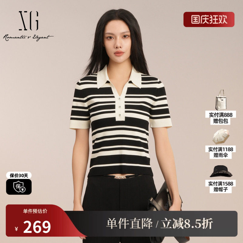 XG/雪歌XK211017B199 黑白条纹短袖毛针织衫polo领修身套头上衣女