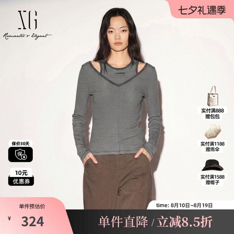 XG/雪歌XK301687B899灰色细条纹假两件长袖T恤修身镂空内搭上衣女