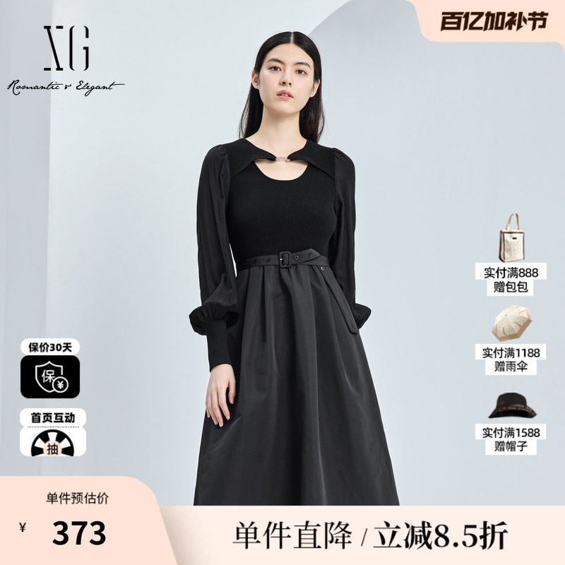 XG/雪歌XJ311038A590黑色长袖连衣裙时尚秋季新款中长款A字裙女装
