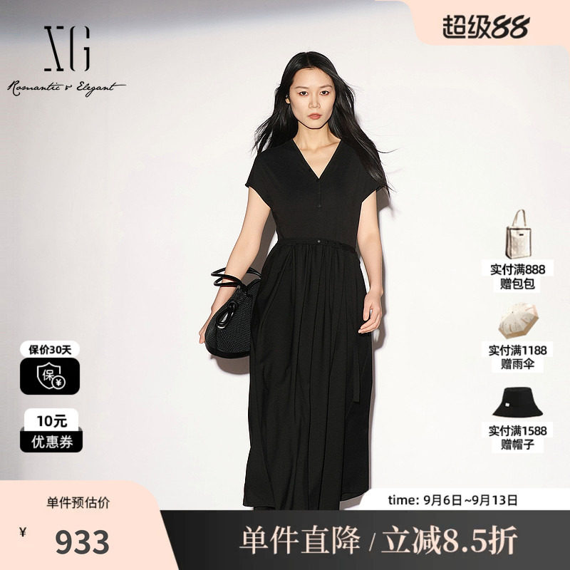 XG/雪歌 XL204020A290黑色V领短袖连衣裙配腰带衬衫领薄A字伞裙女