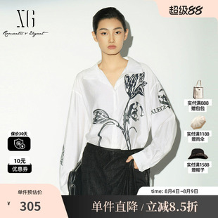 XG/雪歌XL121009A391 翻领印花长袖衬衫黑白色宽松直筒打底职场女