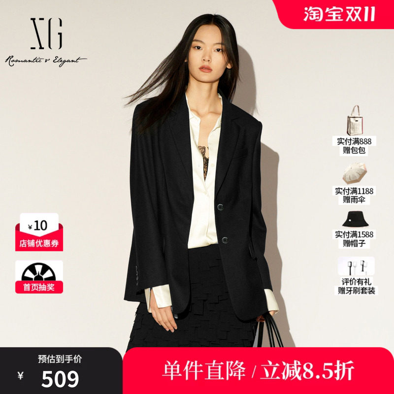 XG/雪歌XL107005A190 黑色通勤简约休闲西装翻领羊毛混纺外套女装