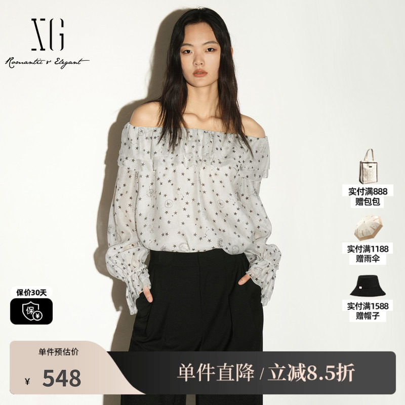 XG/雪歌 XL321018B292白色星星波点莱赛尔一字领长袖衬衫多穿女装