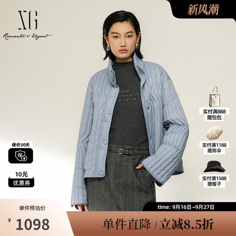 XG/雪歌 XL406005A127灰蓝色立领白鸭绒羽绒服外套休闲直筒保暖女