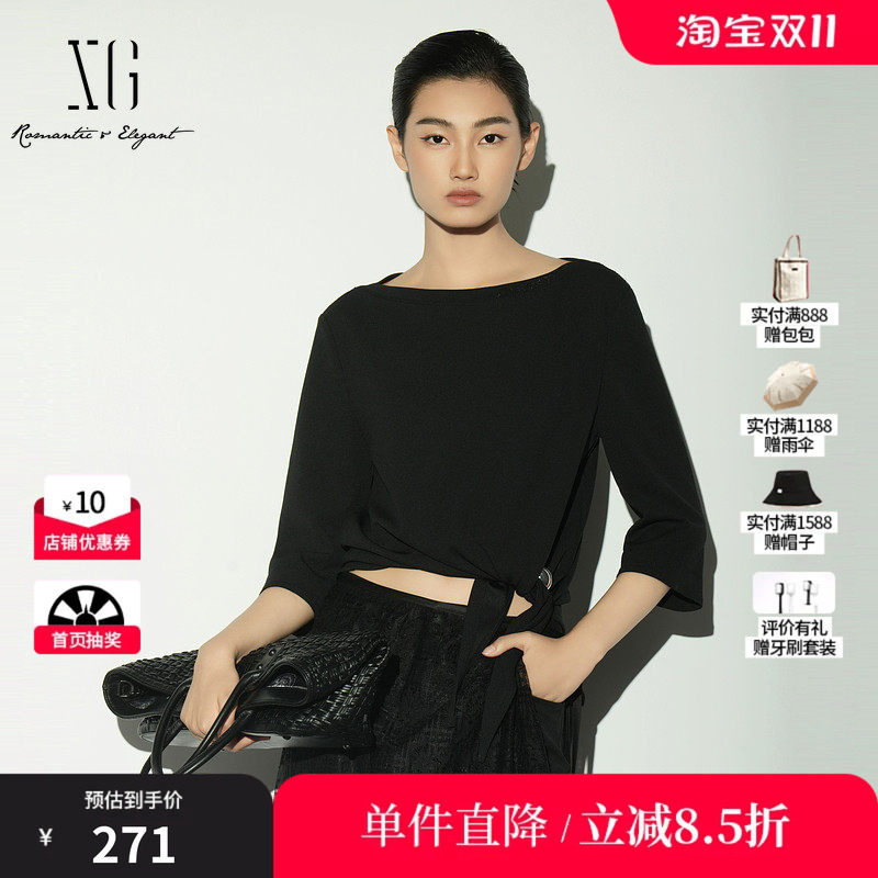 XG/雪歌XL121006A590 黑色圆领中袖衬衫直筒绑带配胸针短款上衣女