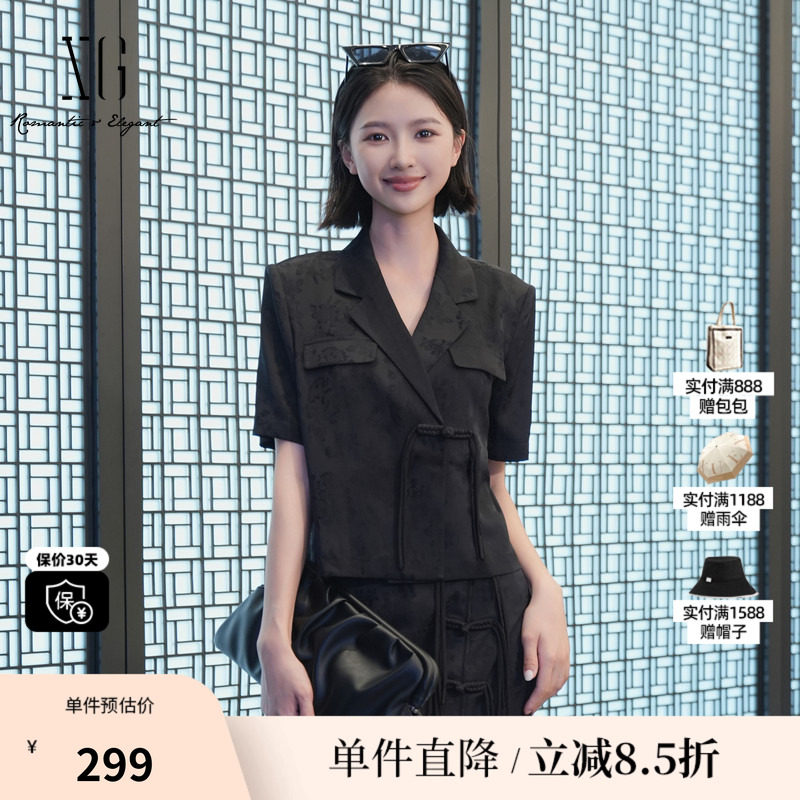 XG/雪歌XK221003A690 黑色暗纹国风短袖衬衫外套盘扣西装薄上衣女