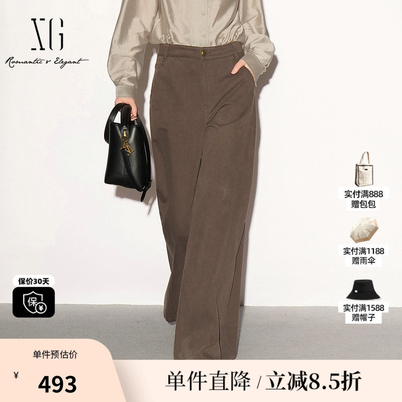 XG/雪歌 XL302008A444咖色棉感直筒微喇牛仔裤休闲简约百搭长裤女