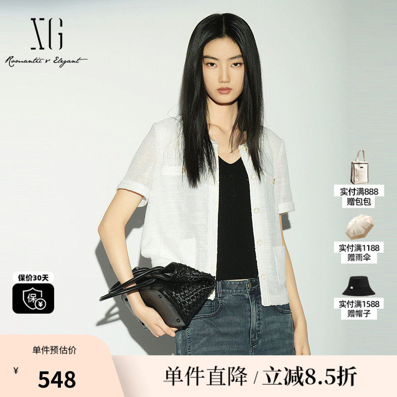 XG/雪歌XL221029A251 白色小香风圆领衬衫薄款直筒休闲短袖外套女