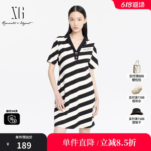 XG/雪歌XJ204032B599条纹连衣裙2025夏季新款翻驳领T恤短袖裙子女