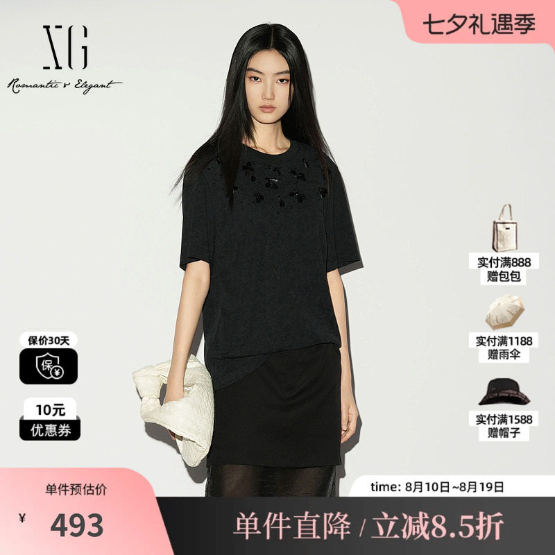 XG/雪歌XL201014A290黑色棉感短袖T恤圆领薄款钉珠内搭直筒上衣女