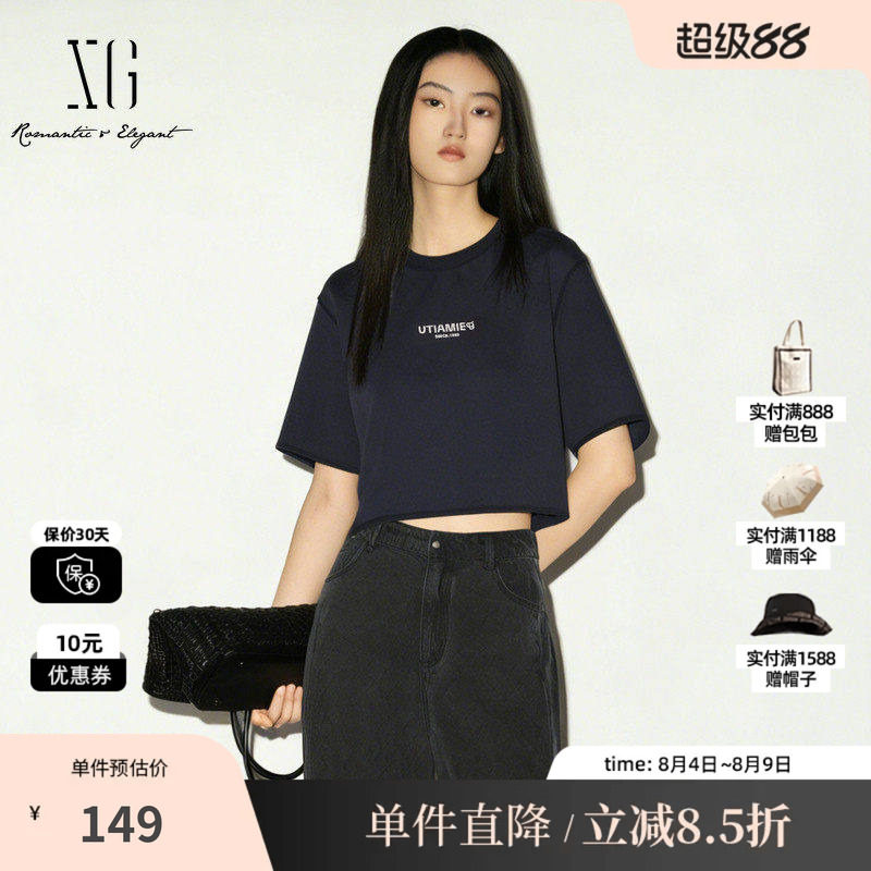XG/雪歌XK201544A828藏青色短袖T恤宽松直筒短款显瘦高腰休闲女装
