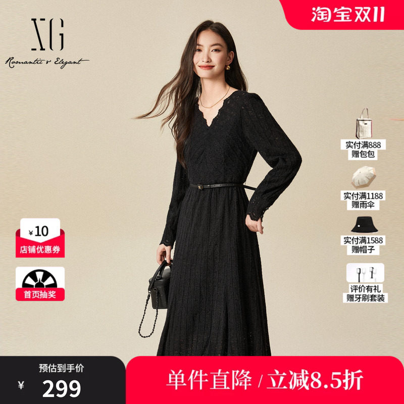 XG/雪歌XJ404017A490蕾丝长袖连衣裙时尚冬季新款黑色长款A字裙女