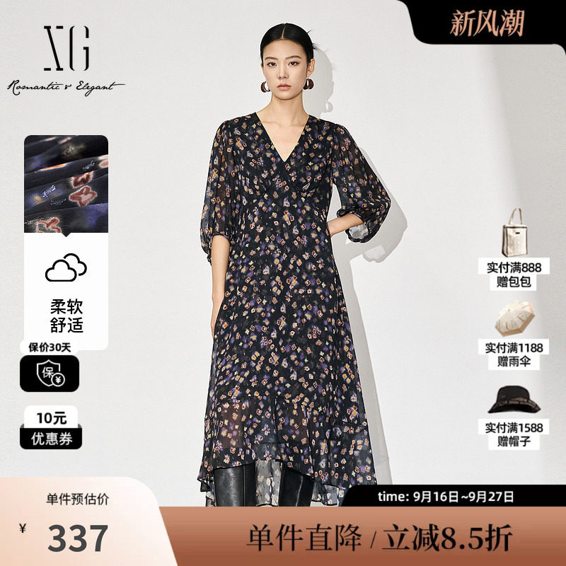 XG/雪歌XL304869A806七分袖连衣裙2025秋季新款高腰印花中长裙女
