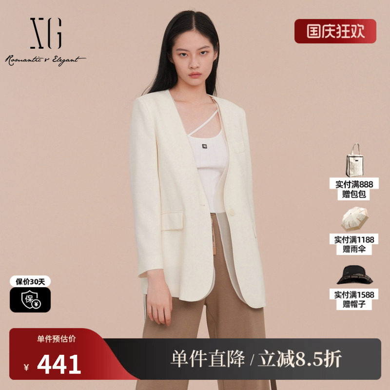 XG/雪歌XK107025A591纯醋纤V领西装网纱拼接白色职场长袖外套女装