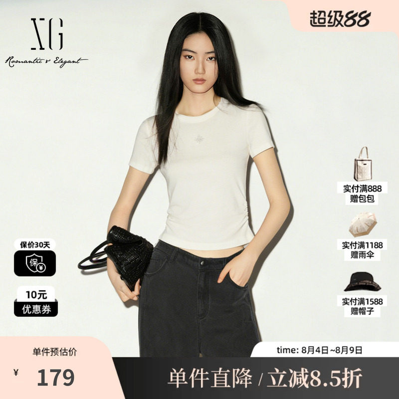 XG/雪歌XM201518A891白色莱赛尔短袖圆领T恤修身短款薄款通勤女装