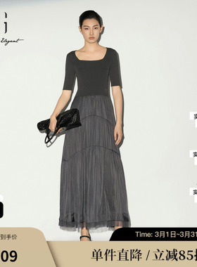 XG/雪歌XL104003A183短袖拼接连衣裙修身圆领针织长款网纱伞裙女