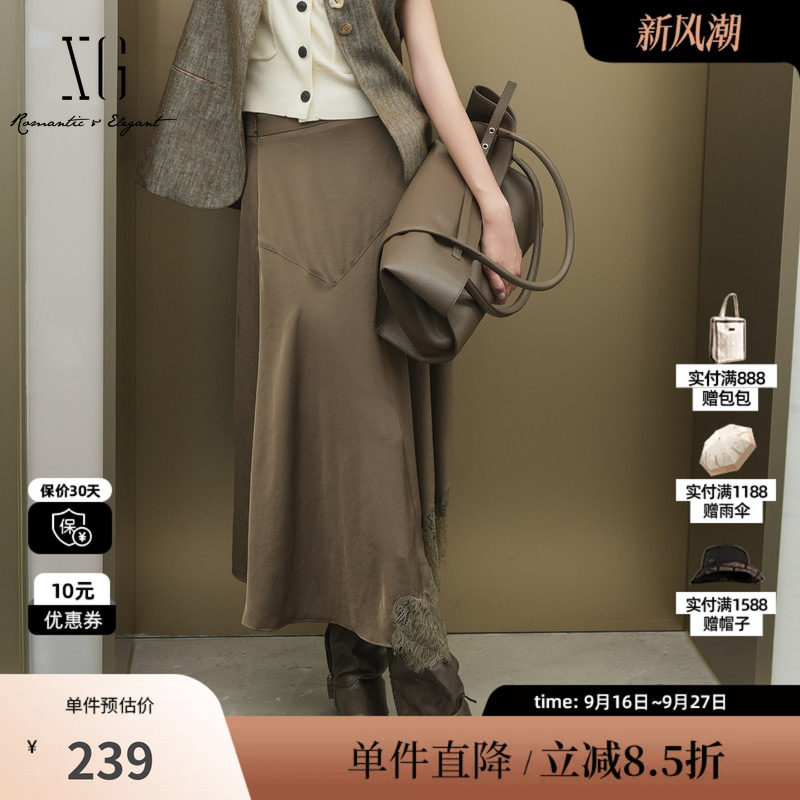 XG/雪歌XK303014A274蕾丝拼接半身裙2025秋季新款不规则A字裙女装
