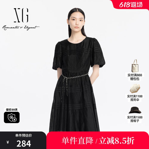 XG/雪歌XJ204035A690黑色短袖连衣裙时尚夏季新款莱赛尔中长裙女