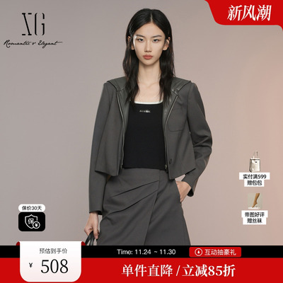 XG/雪歌XK307016A490连帽短外套2025秋季新款绵羊毛长袖外套女装