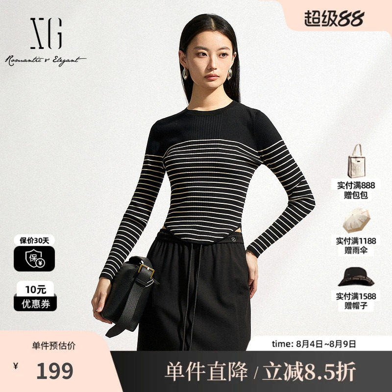 XG/雪歌XK111501A890 莱赛尔条纹针织衫黑色圆领套头毛衣打底修身