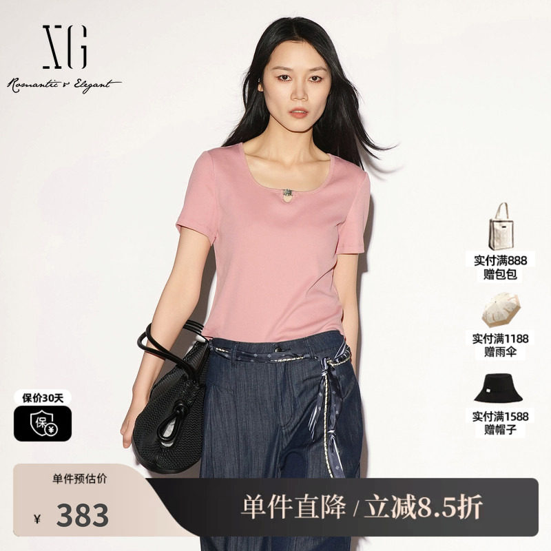 XG/雪歌XL201006A518粉色圆领镂空短袖T恤修身百搭薄款短上衣女装