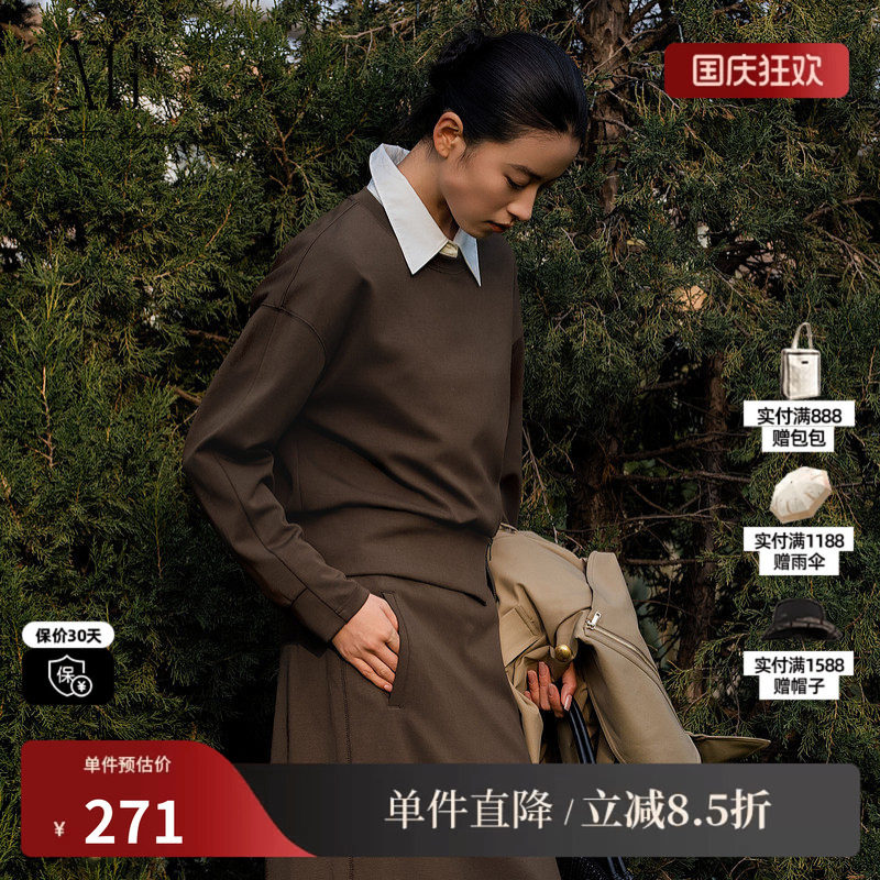 XG/雪歌XL101015A209圆领套头短款卫衣拉链开叉落肩直筒长袖T女装