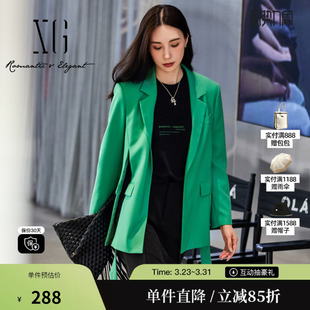 开叉设计长袖 XG雪歌XJ107002A441绿色休闲西装 新款 春季 外套女 时尚