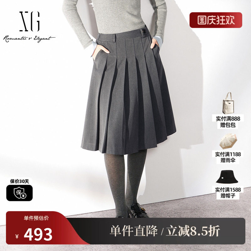 XG/雪歌XL403012B384深灰色A字百褶半身裙简约学院风通勤中裙女装