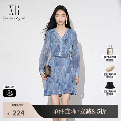 XG/雪歌XJ304019B397荷叶边长袖连衣裙时尚秋季新款百褶A字裙女装