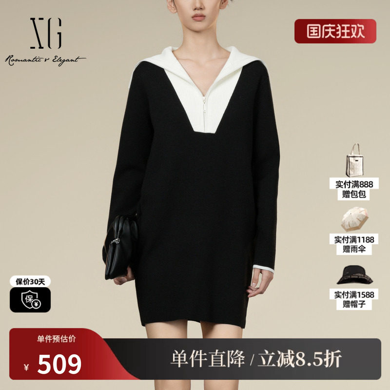 XG/雪歌XK411054B590 黑白假两件设计毛织连衣裙厚款长袖针织裙女