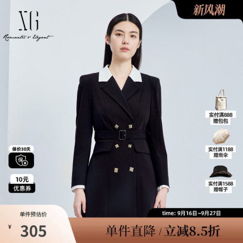 XG/雪歌XJ304025A590 黑翻领拼接长袖连衣裙通勤西装收腰半裙女装