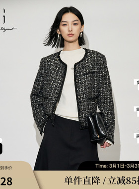 XG/雪歌XL407631B895 亮片羊毛混纺短外套通勤格纹短圆领外套女装