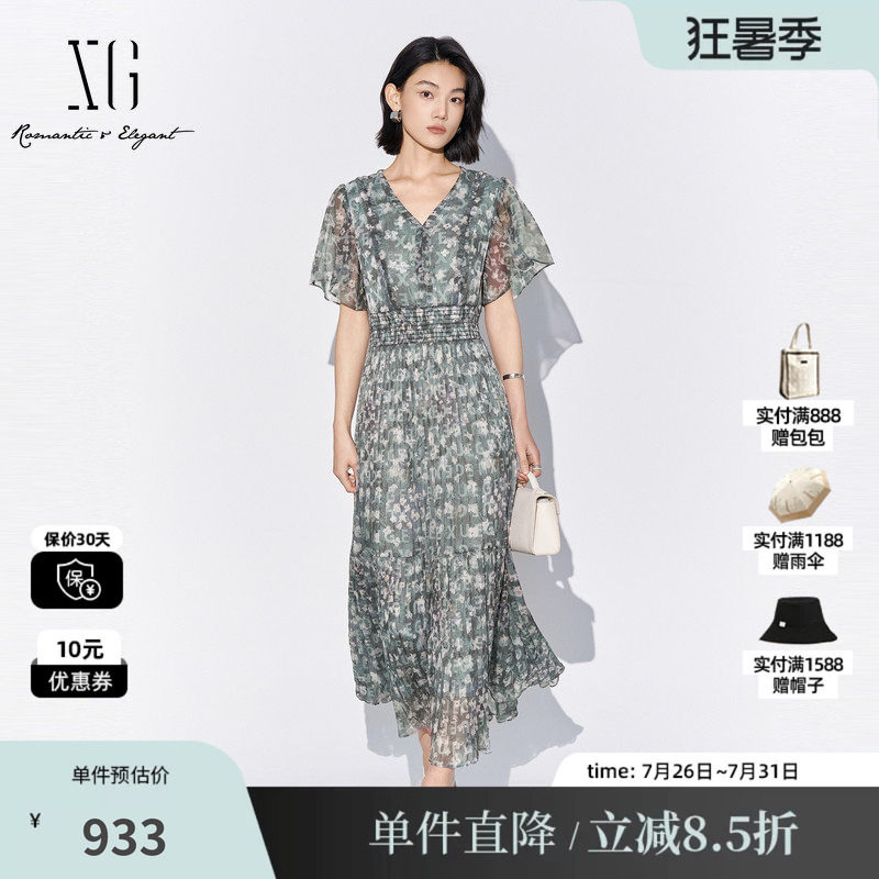 XG/雪歌XL204054BE93 碎花V领飞袖连衣裙松紧高腰A字薄款长裙女装