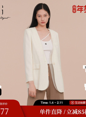 XG/雪歌XK107025A591纯醋纤V领西装网纱拼接白色职场长袖外套女装