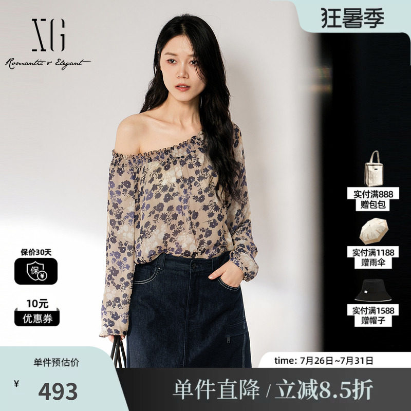 XG/雪歌 XL321001B493碎花圆领长袖宽松衬衫一字肩褶皱休闲简约女