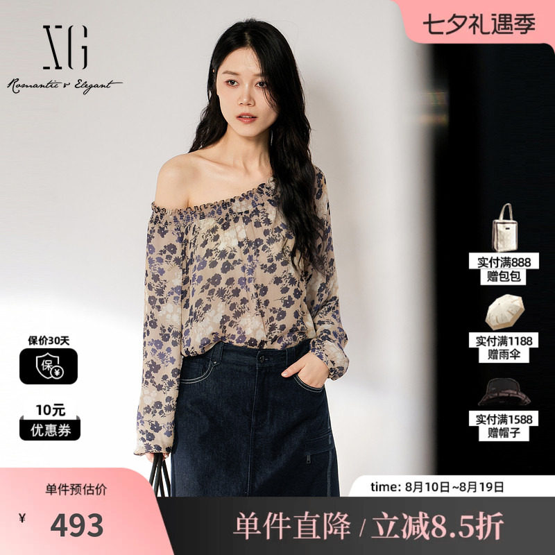 XG/雪歌 XL321001B493碎花圆领长袖宽松衬衫一字肩褶皱休闲简约女