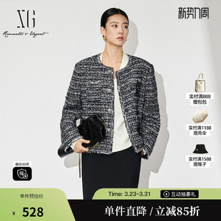 XG/雪歌XJ407031B705 黑白小香风毛呢外套短款羊毛混纺正肩大衣女