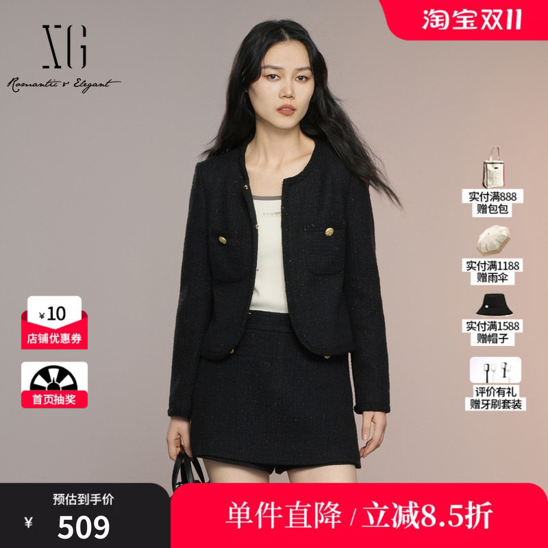 XG雪歌XK307026A390小香风长袖短外套2025秋季新款黑色短款外套女