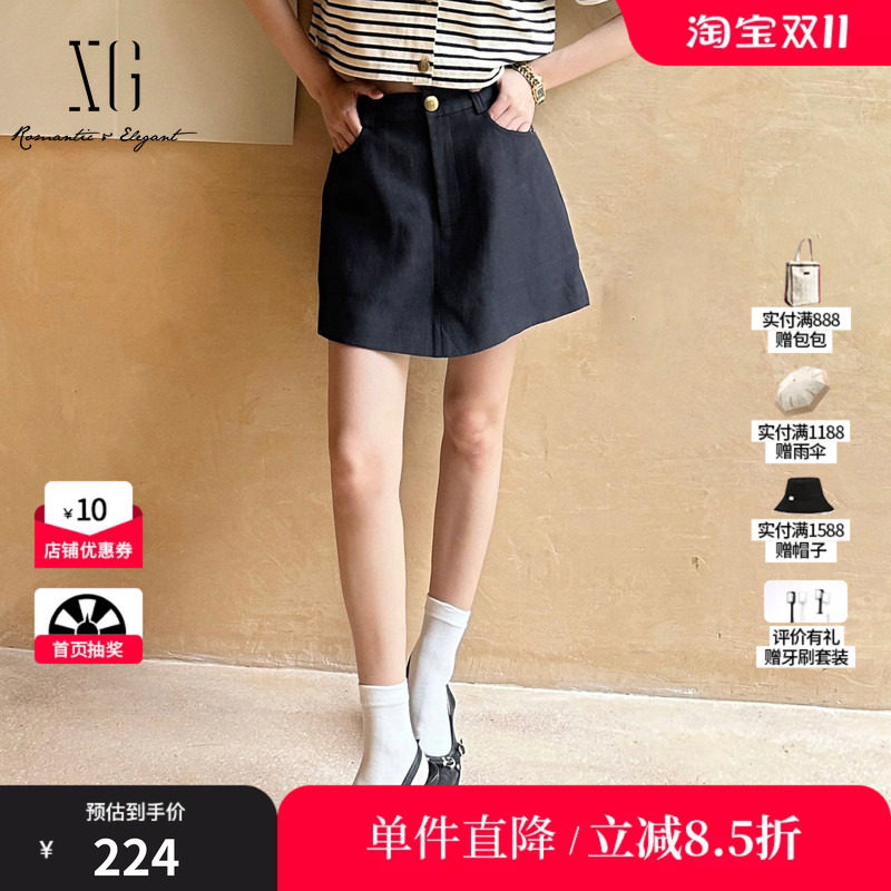 XG/雪歌XK302711A828藏青色A字阔腿休闲口袋短裤通勤简约显瘦女装