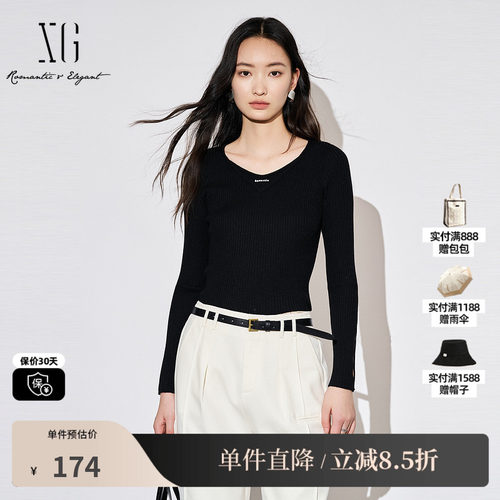 XG雪歌XK311867A890黑色镂空毛针织衫时尚秋季新款修身长袖毛衫女