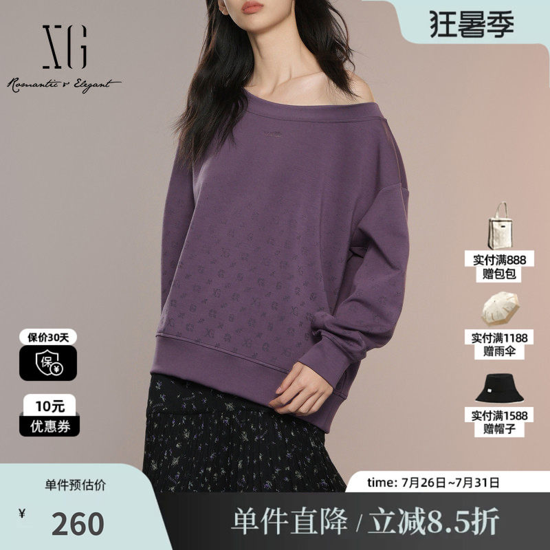 XG/雪歌XK301002A403印花长袖套头卫衣2025秋季新款深紫色上衣女