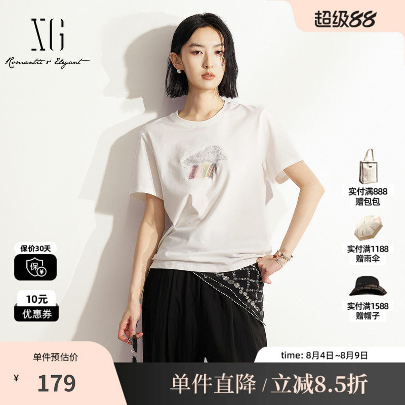 XG/雪歌XM201579A851白色棉感短袖T恤直筒轻薄款正肩简约上衣女装