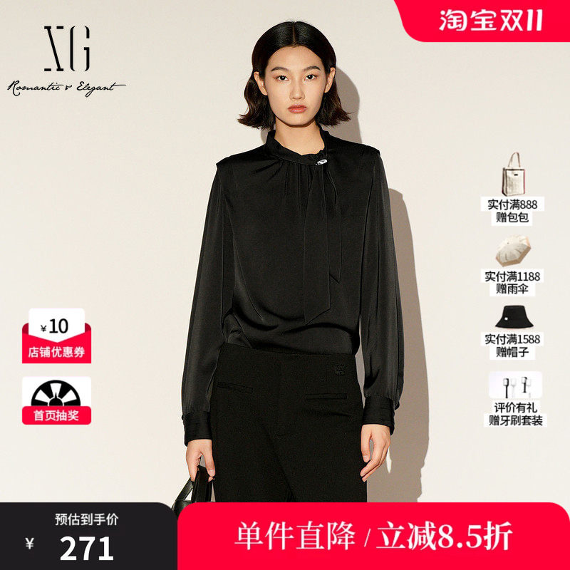 XG/雪歌XL121007A190黑色立领长袖衬衫2026春季新款飘带上衣女装