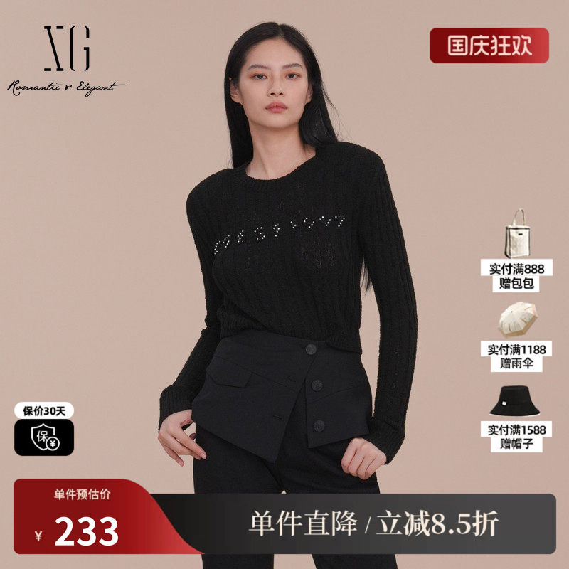 XG雪歌XK111020A290黑色长袖毛针织衫2025春季新款修身套头毛衫女