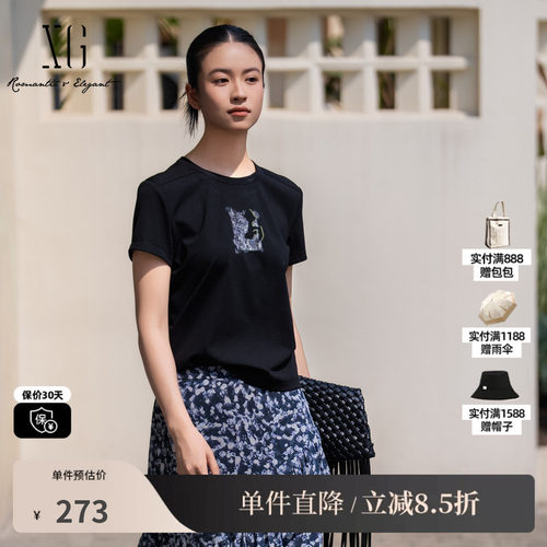 XG/雪歌XL201025A490黑色莱赛尔圆领短袖T恤薄印花正肩休闲上衣女