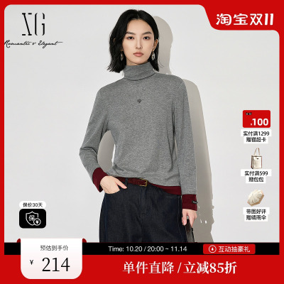 XG/雪歌XL401619A884撞色拼接长袖T恤2025冬季新款绵羊毛上衣女装