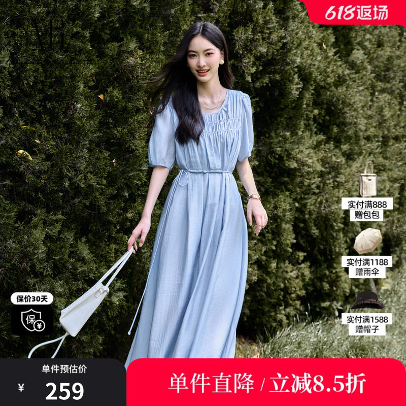 XG雪歌XK204817A820浅蓝色短袖连衣裙时尚夏季新款莱赛尔中长裙女